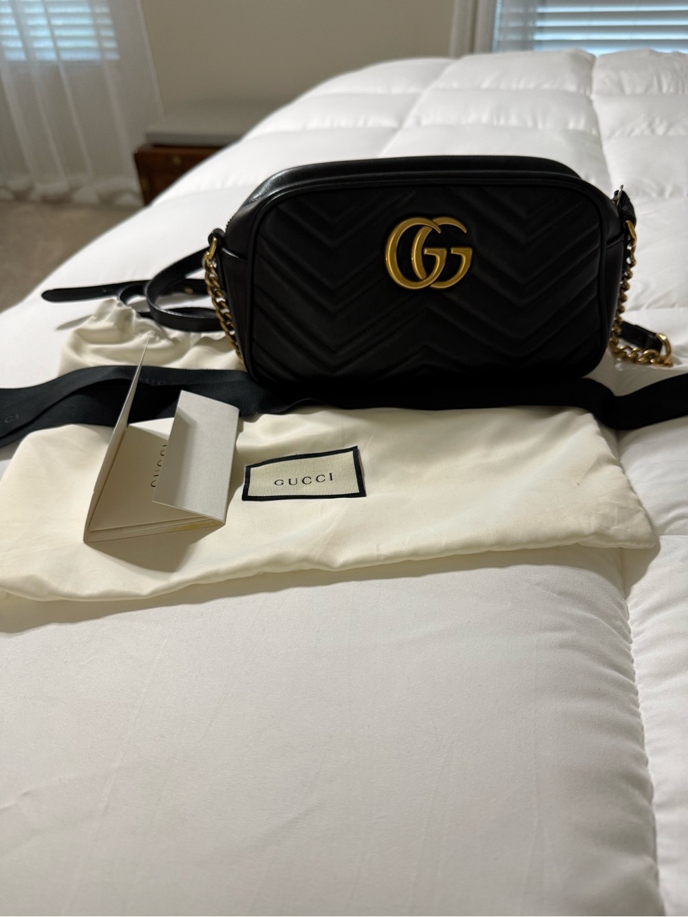 Gucci Black Quilted Leather GG Marmont Crossbody with Gold Hardware